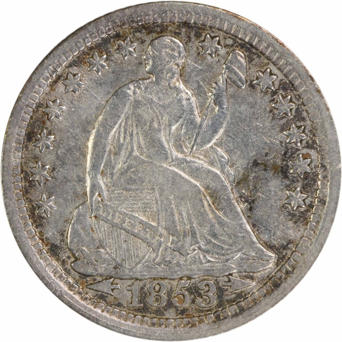 1853 Liberty Seated Half Dime EF Uncertified 90% Silver Coin: 1853 Liberty Seated Half Dime EF Uncertified 90% Silver Coin This 1853 Liberty Seated Silver Half Dime features a captivating design by Christian Gobrecht and is a fine example of American numismatics