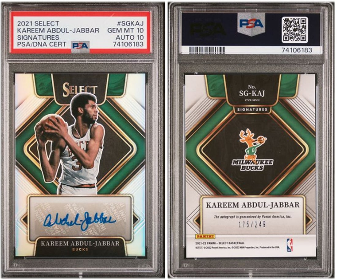 2021 Select Signatures Kareem Abdul-Jabbar Autograph Card PSA 10 Serial 175 of 249: 2021 Select Signatures Kareem Abdul-Jabbar Autograph Card PSA 10 Serial 175 of 249 This is a Kareem Abdul-Jabbar 2021 Select Signatures autographed card, serial numbered 175 out of 249. The card is pr