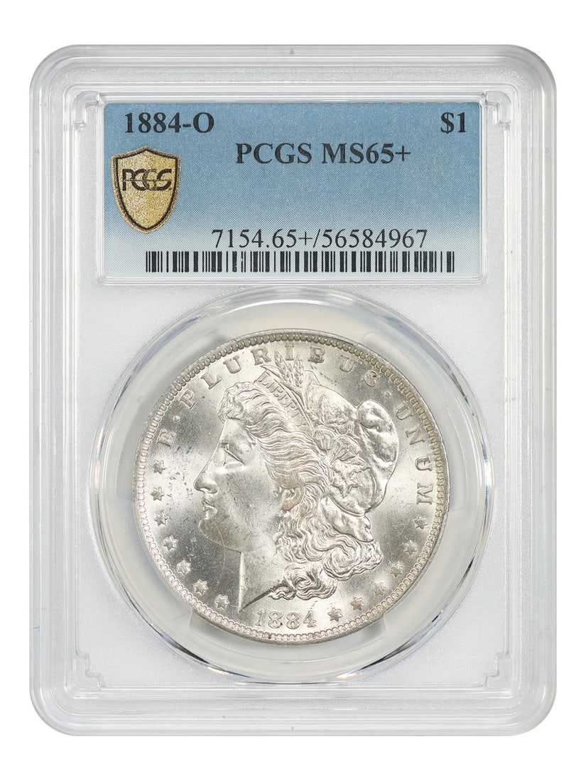 PCGS MS65 Plus 1884 New Orleans Morgan Silver Dollar: PCGS MS65 Plus 1884 New Orleans Morgan Silver Dollar This is an 1884-O Morgan Dollar, certified by PCGS with a grade of MS65+. The coin is uncirculated and was minted in New Orleans. It is part of the