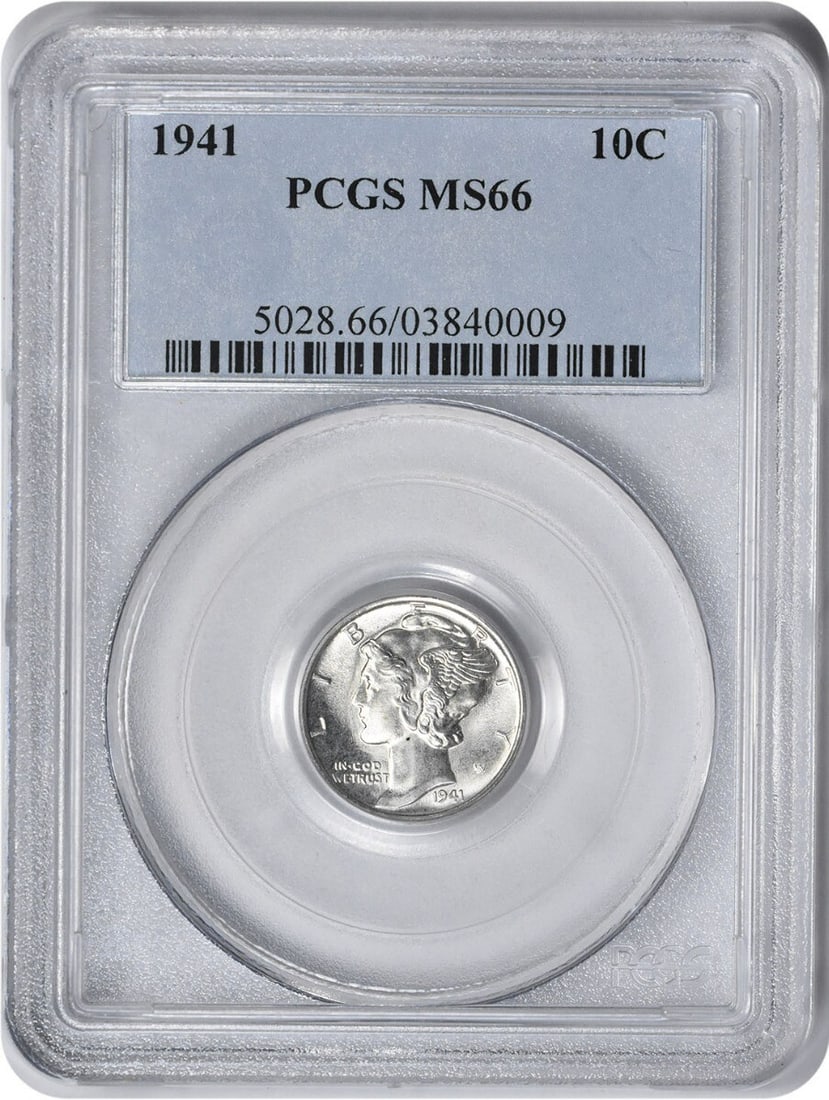 1941 Mercury Dime MS66 PCGS Uncirculated 90% Silver Coin: 1941 Mercury Dime MS66 PCGS Uncirculated 90% Silver Coin This 1941 Mercury Silver Dime is a remarkable piece, certified by PCGS with a high grade of MS66. It features the classic design by Adolph Alex