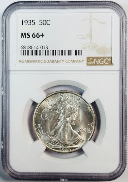 NGC MS-66 Plus 1935 Silver Walking Liberty Half Dollar Coin: NGC MS-66 Plus 1935 Silver Walking Liberty Half Dollar Coin This 1935 Walking Liberty Half Dollar is certified by NGC with a grade of MS 66+ Plus, indicating a superb, uncirculated example. Composed o