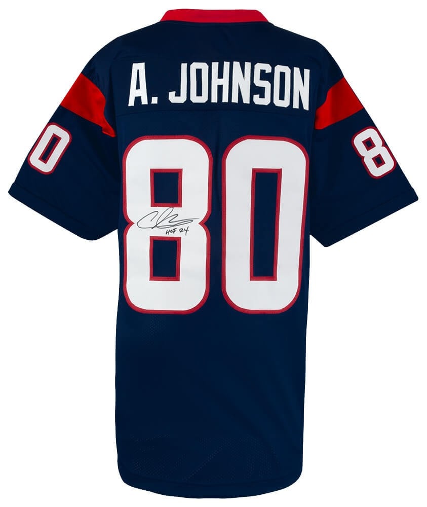 Navy Custom Football Jersey Autographed by Andre Johnson with HOF 24 Inscription COA: Navy Custom Football Jersey Autographed by Andre Johnson with HOF 24 Inscription COA This pre-owned navy custom football jersey is hand signed by Andre Johnson and features the 'HOF 24' inscription, c