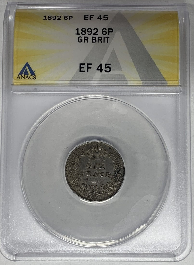 ANACS XF 45 certified 1892 UK six pence coin: ANACS XF 45 certified 1892 UK six pence coin This is an 1892 Great Britain 6 Pence coin graded XF 45 by ANACS. The coin originates from the United Kingdom and carries a denomination of 6 Pence. It is 