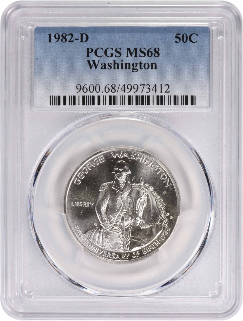 1982-D Washington Half Dollar MS68 PCGS 90% Silver Commemorative: 1982-D Washington Half Dollar MS68 PCGS 90% Silver Commemorative This 1982-D Washington Commemorative Half Dollar features exceptional detail with a grade of MS68 from PCGS, indicating it is in uncirc