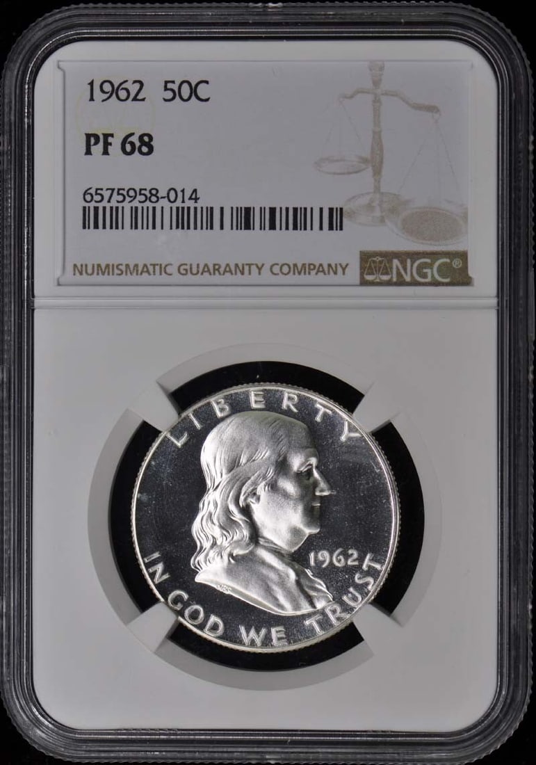 1962 Franklin Half Dollar NGC PR68 Proof Coin Philadelphia: 1962 Franklin Half Dollar NGC PR68 Proof Coin Philadelphia This 1962 Franklin Half Dollar is certified by NGC with a remarkable grade of PR68, indicating its exceptional quality. Struck in Philadelphi