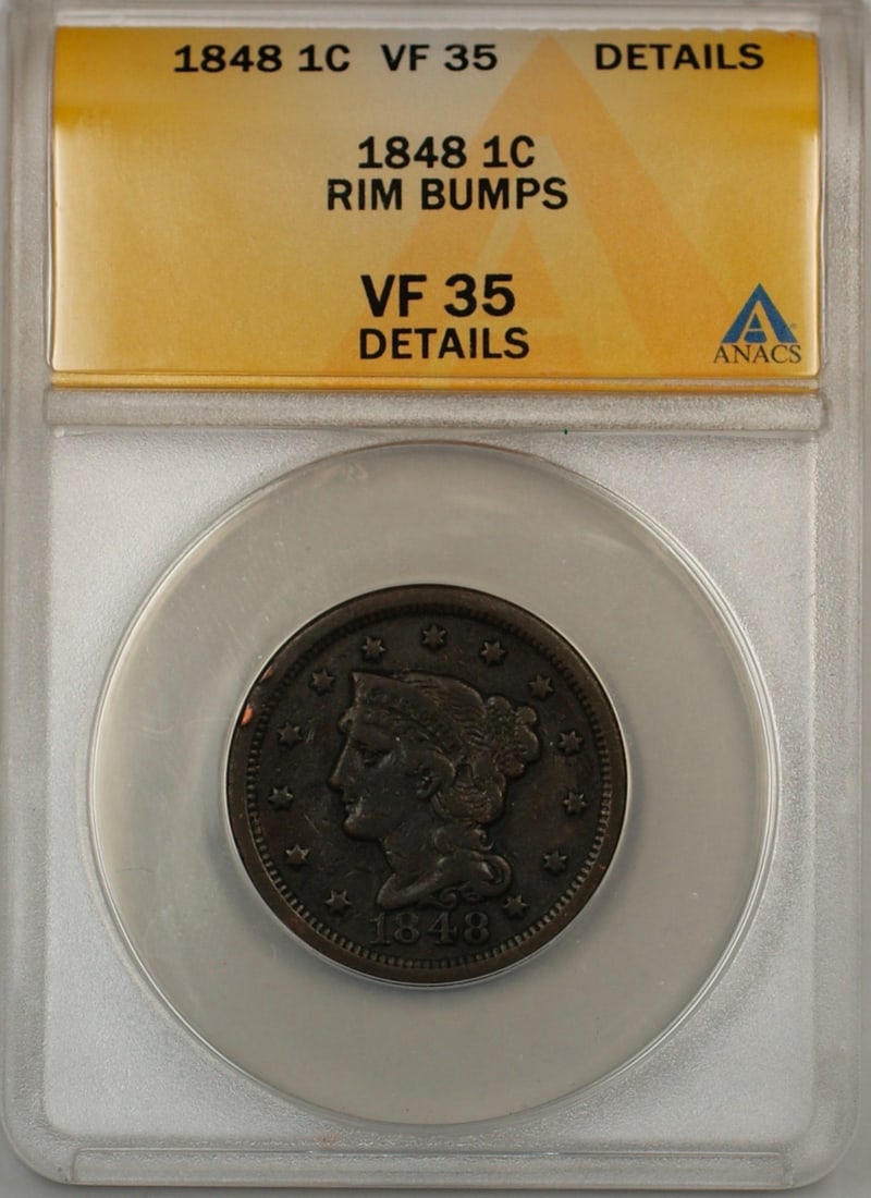 1848 Philadelphia Large Cent Copper Coin ANACS VF 35 With Rim Bumps (1 of 1)
