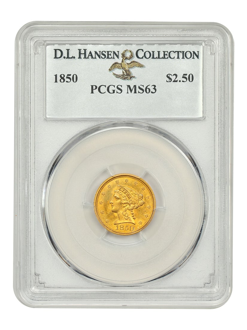 1850 Liberty Head $2.50 Coin PCGS MS63 D.L. Hansen: 1850 Liberty Head $2.50 Coin PCGS MS63 D.L. Hansen This stunning 1850 Liberty Head $2.50 gold coin is certified by PCGS with a grade of MS63. It features an uncirculated finish with deep honey-gold su