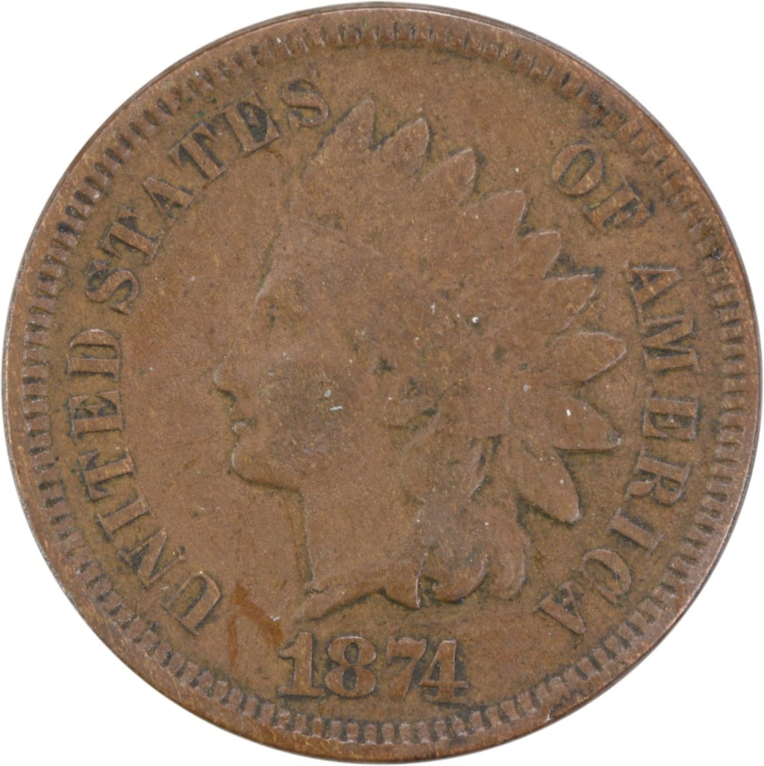 1874 Indian Head Cent F Uncertified Philadelphia Mint: 1874 Indian Head Cent F Uncertified Philadelphia Mint This 1874 Indian Cent features the iconic Indian Head design, crafted from a composition of 95% copper and 5% tin and zinc. The coin was minted in