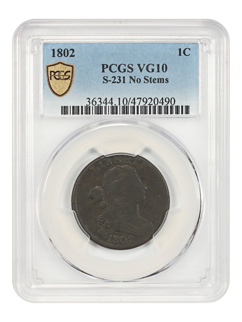 PCGS VG10 Draped Bust 1802 Large Cent S-231 No Stems: PCGS VG10 Draped Bust 1802 Large Cent S-231 No Stems This is an 1802 Draped Bust Cent (No Stems, S-231) graded VG10 by PCGS. The coin is circulated and features a brown color designation. It originate