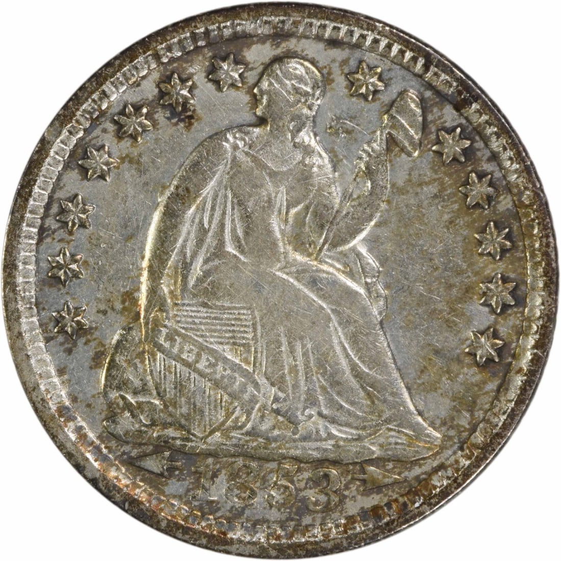 1853 Liberty Seated Half Dime Uncertified 90% Silver: 1853 Liberty Seated Half Dime Uncertified 90% Silver This 1853 Liberty Seated Silver Half Dime features a stunning design by Christian Gobrecht and is minted in Philadelphia. With a composition of 90%