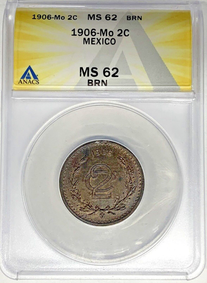 ANACS MS 62 BN 1906 Mexico 2 Centavos Copper Coin: ANACS MS 62 BN 1906 Mexico 2 Centavos Copper Coin This is a 1906-Mo Mexico 2 Centavos coin certified by ANACS with a grade of MS 62 BN. Struck in copper, this uncirculated coin from Mexico's 1905-pres