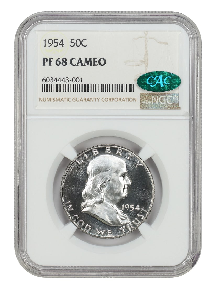 1954 Proof Franklin Half Dollar NGC CAC PR68CAM Philadelphia: 1954 Proof Franklin Half Dollar NGC CAC PR68CAM Philadelphia This 1954 Franklin Half Dollar is a proof strike certified by NGC with a grade of PR68CAM and verified by CAC. The coin features blast whit