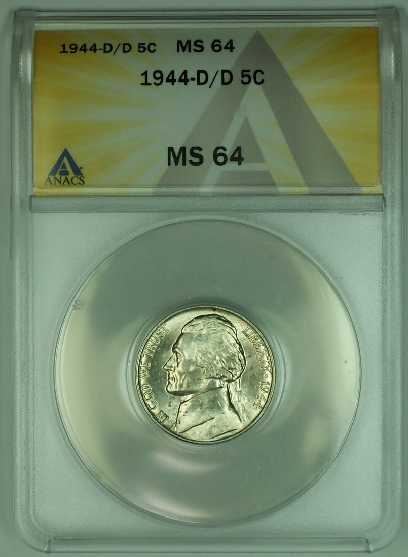 1944-D/D Jefferson 5C Silver Nickel ANACS MS 64 Certified Coin: 1944-D/D Jefferson 5C Silver Nickel ANACS MS 64 Certified Coin This is a 1944-D/D Jefferson Silver Nickel, featuring a 5-cent denomination from the United States. The coin is uncirculated and has been