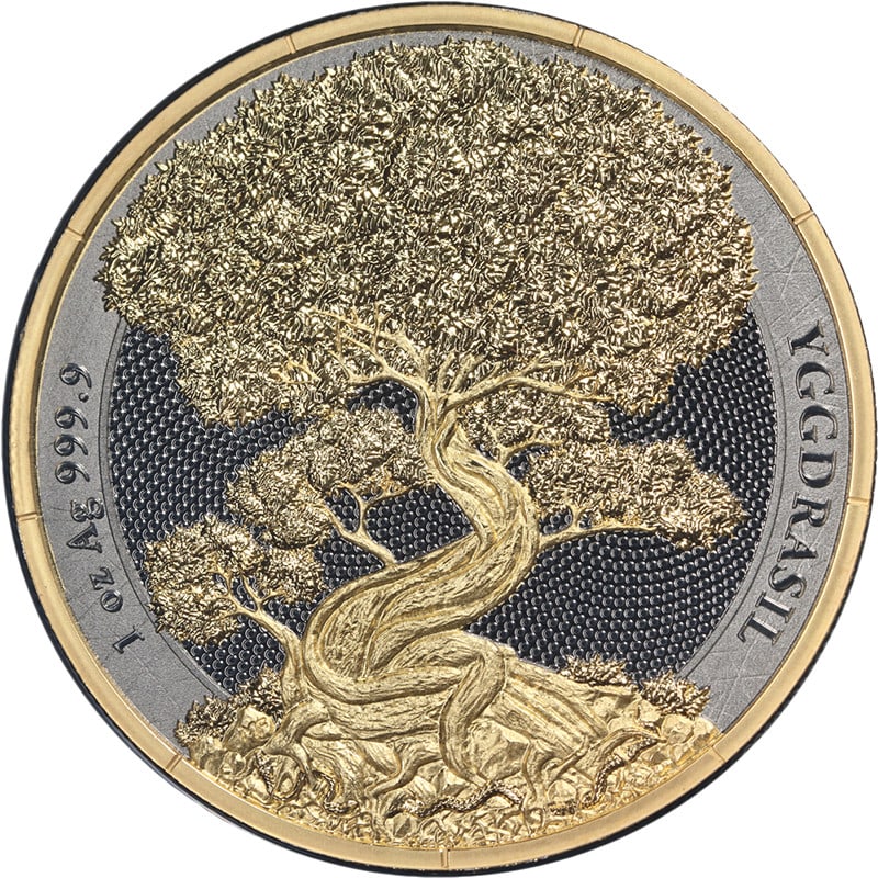 2025 Mythical Forest Yggdrasil Goldenleaf 1 oz Silver 5 Mark Coin OGP: 2025 Mythical Forest Yggdrasil Goldenleaf 1 oz Silver 5 Mark Coin OGP This 2025 Germania 1 Ounce Silver 5 Mark Mythical Forest - Yggdrasil Goldenleaf OGP coin features exceptional eye appeal, brillian