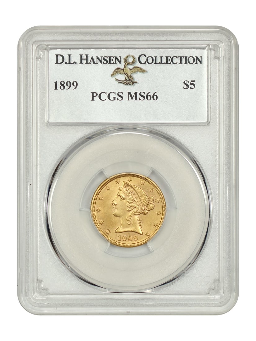 1899 $5 Liberty Head Coin PCGS MS66 D.L. Hansen Certified: 1899 $5 Liberty Head Coin PCGS MS66 D.L. Hansen Certified This exquisite 1899 Liberty Head $5 gold coin, certified by PCGS with a grade of MS66, showcases remarkable quality and craftsmanship. Struck 