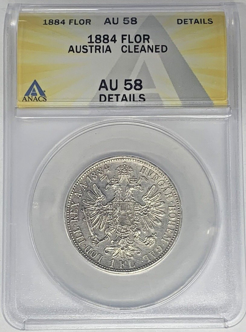 Silver 1884 Austria 1 Florin Coin Certified AU 58 by ANACS: Silver 1884 Austria 1 Florin Coin Certified AU 58 by ANACS This 1884 Austria 1 Florin coin is composed of silver and has been graded AU 58 Details (Cleaned) by ANACS. It is a circulated coin from Aust