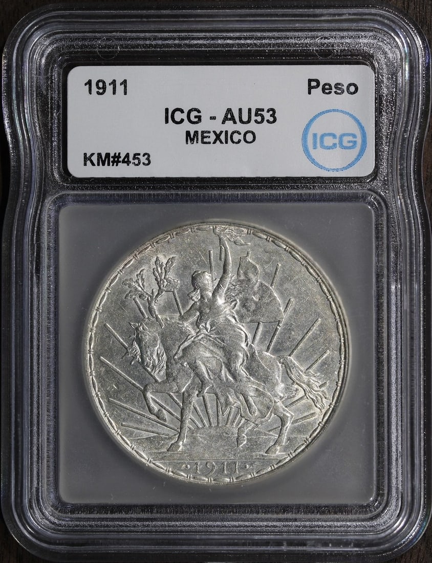 1911 Mexico Caballito Peso 1 Peso ICG AU53 Silver Coin: 1911 Mexico Caballito Peso 1 Peso ICG AU53 Silver Coin This 1911 Mexico Caballito Peso 1P is an iconic type coin, featuring a denomination of 1 Peso. It has been circulated and belongs to the historic