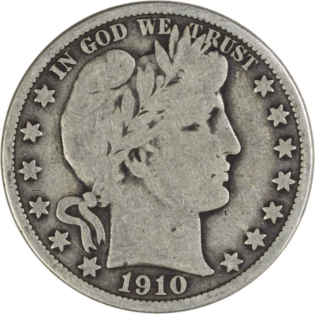 1910 Barber Half Dollar 90 Percent Silver Philadelphia VG Grade Uncertified Coin: 1910 Barber Half Dollar 90 Percent Silver Philadelphia VG Grade Uncertified Coin This 1910 Barber Half Dollar is a circulated coin from the United States, minted in Philadelphia. Designed by Charles E
