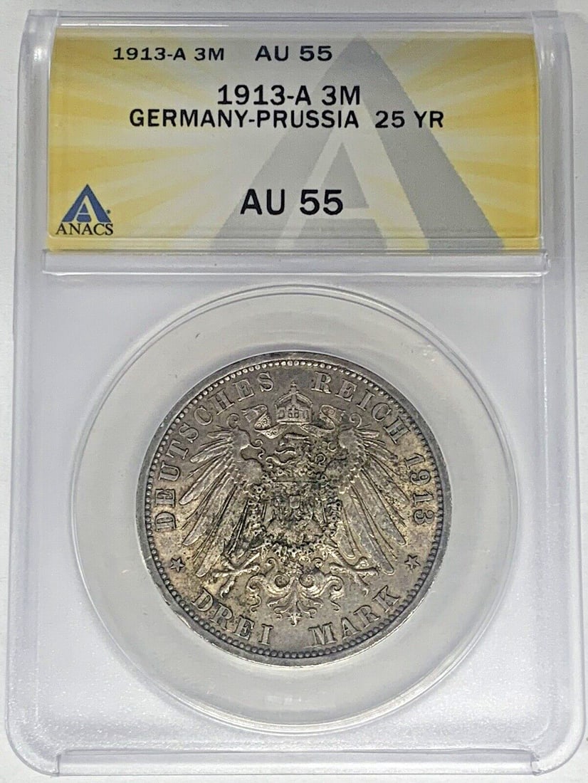 Germany 1913-A Silver 3 Mark Coin ANACS AU 55 Certified Empire Issue: Germany 1913-A Silver 3 Mark Coin ANACS AU 55 Certified Empire Issue This is a 1913-A German 3 Mark coin from the Empire period (1871-1918), composed of silver. The coin is graded AU 55 by ANACS, indi