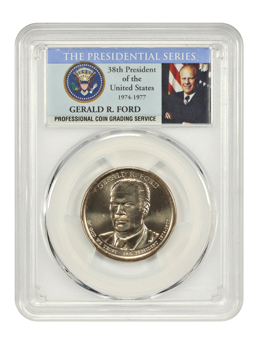 PCGS MS67 2016-D Gerald R Ford Dollar Presidential Series Position A: PCGS MS67 2016-D Gerald R Ford Dollar Presidential Series Position A This 2016-D $1 Gerald R. Ford Presidential Dollar is graded MS67 by PCGS and features Position A. Struck at the Denver Mint, this u