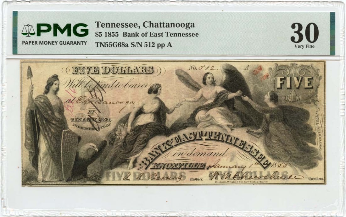 Bank of East Tennessee 1855 $5 Chattanooga Obsolete Currency PMG VF30: Bank of East Tennessee 1855 $5 Chattanooga Obsolete Currency PMG VF30 This is an 1855 $5 obsolete note issued by the Bank of East Tennessee in Chattanooga, Tennessee. Graded VF30 by PMG, this pre-owne