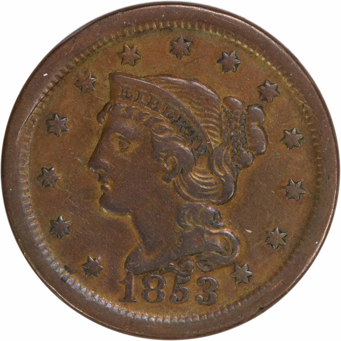 1853 Braided Hair Large Cent EF Uncertified Copper Coin: 1853 Braided Hair Large Cent EF Uncertified Copper Coin This 1853 Large Cent features the iconic Braided Hair design by Christian Gobrecht, showcasing its historical significance and craftsmanship. St