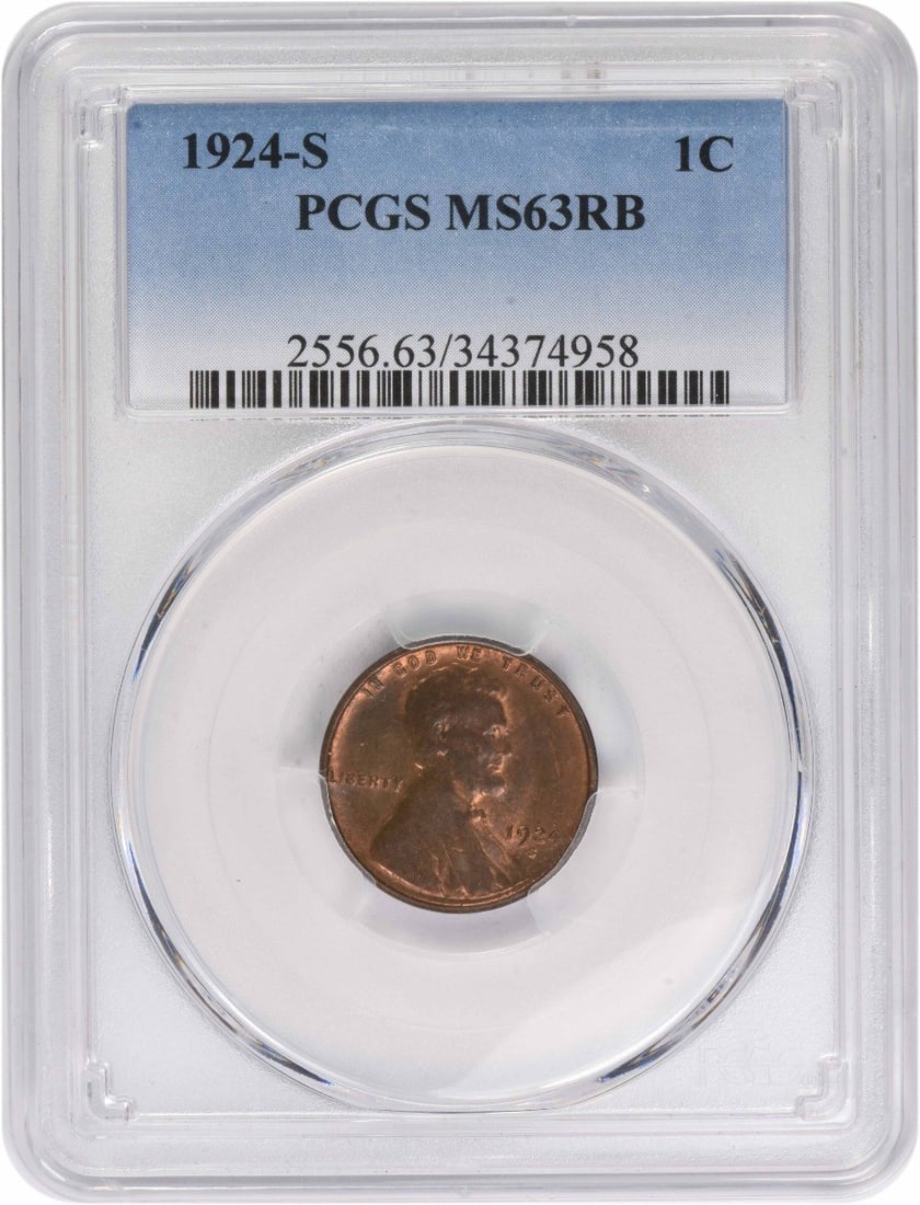 PCGS MS63RB 1924-S Lincoln Wheat Copper Small Cent United States: PCGS MS63RB 1924-S Lincoln Wheat Copper Small Cent United States This 1924-S Lincoln Wheat Cent is graded MS63RB by PCGS, indicating an uncirculated condition with red and brown coloration. Minted in 