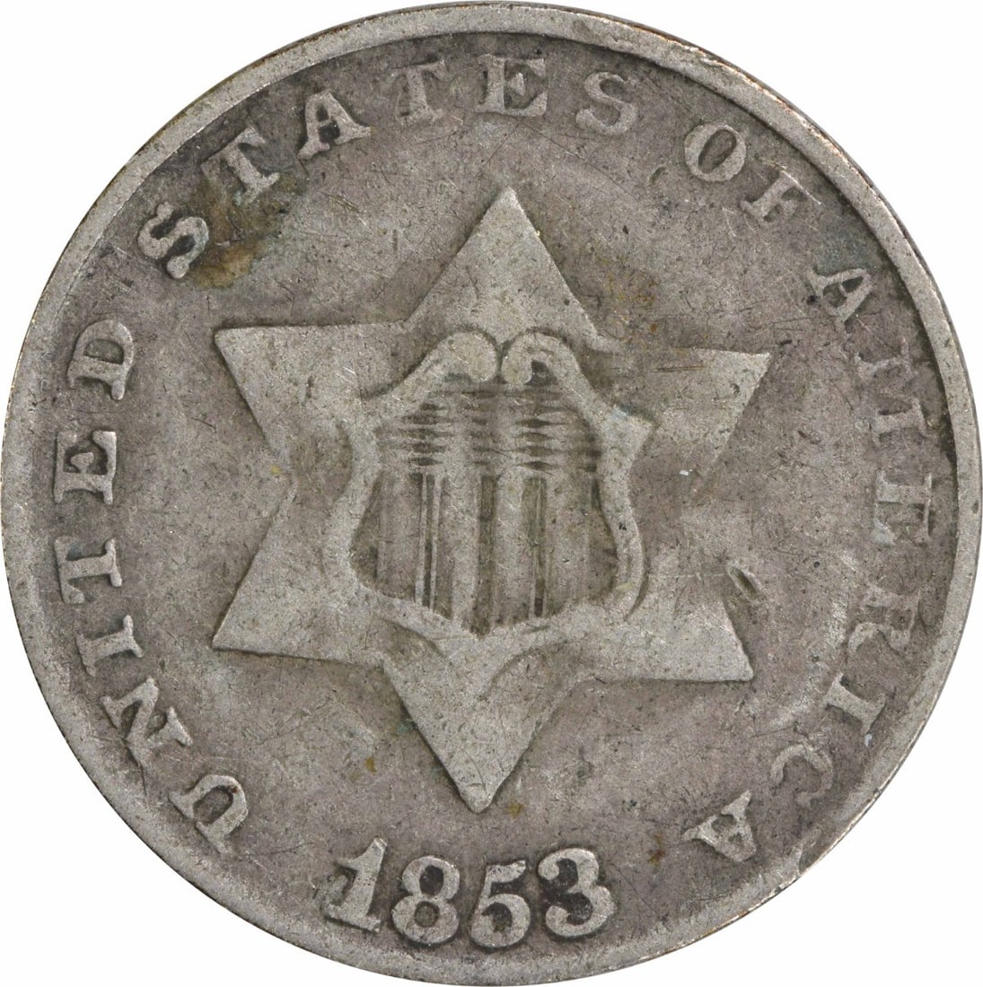 1853 Three Cent Silver Coin Uncertified Philadelphia Mint: 1853 Three Cent Silver Coin Uncertified Philadelphia Mint This 1853 Three Cent Silver coin, minted in Philadelphia, features a composition of 75% silver and 25% copper. It is classified as 'F' grade a