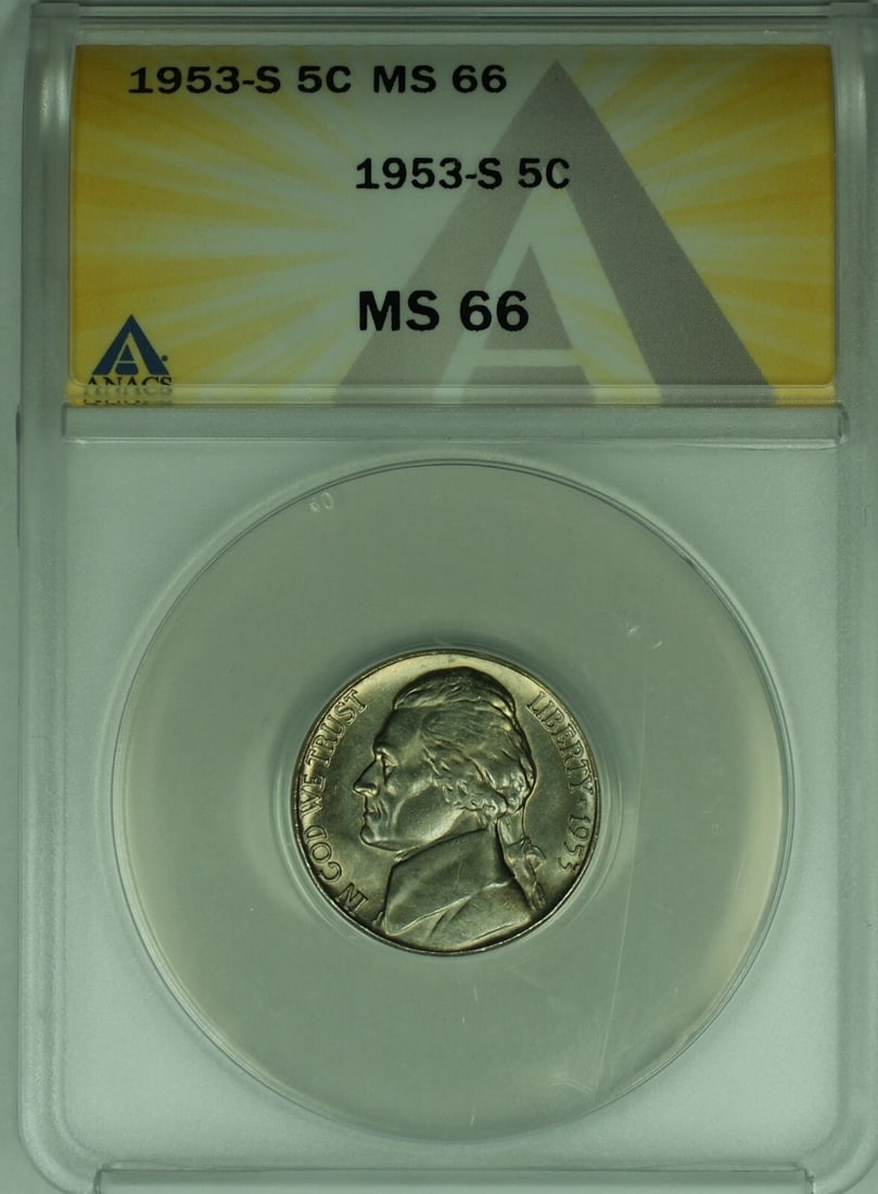 ANACS MS66 1953-S Jefferson Nickel Five Cent Uncirculated US Coin (1 of 2)