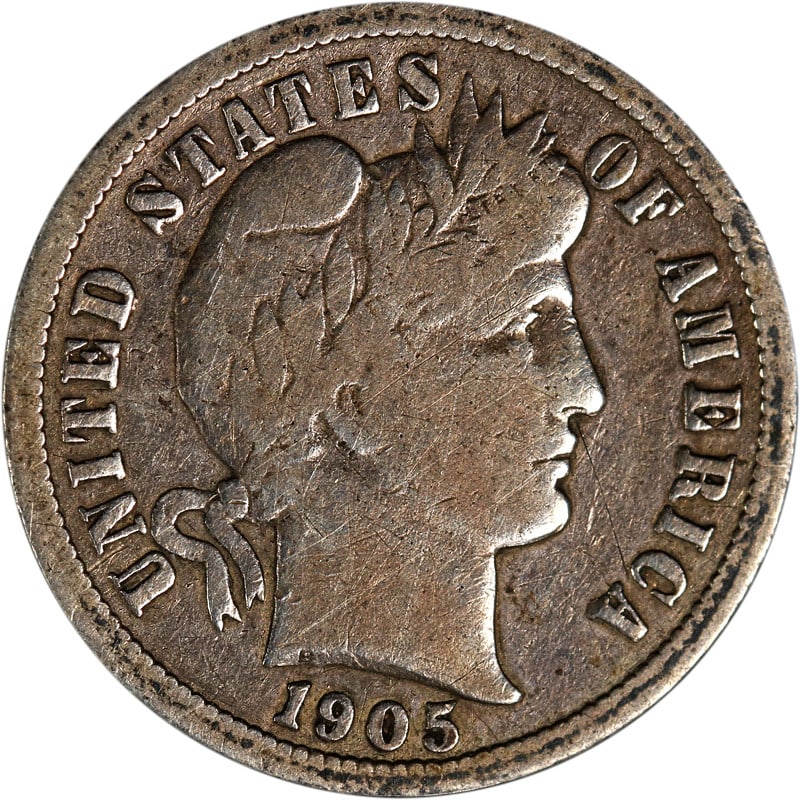 Silver Dime 1905 New Orleans Micro O Variety Barber Design: Silver Dime 1905 New Orleans Micro O Variety Barber Design This is a 1905-O Barber Dime featuring the rare Micro 'O' mintmark, struck at the New Orleans Mint. The coin is composed of silver and is in 