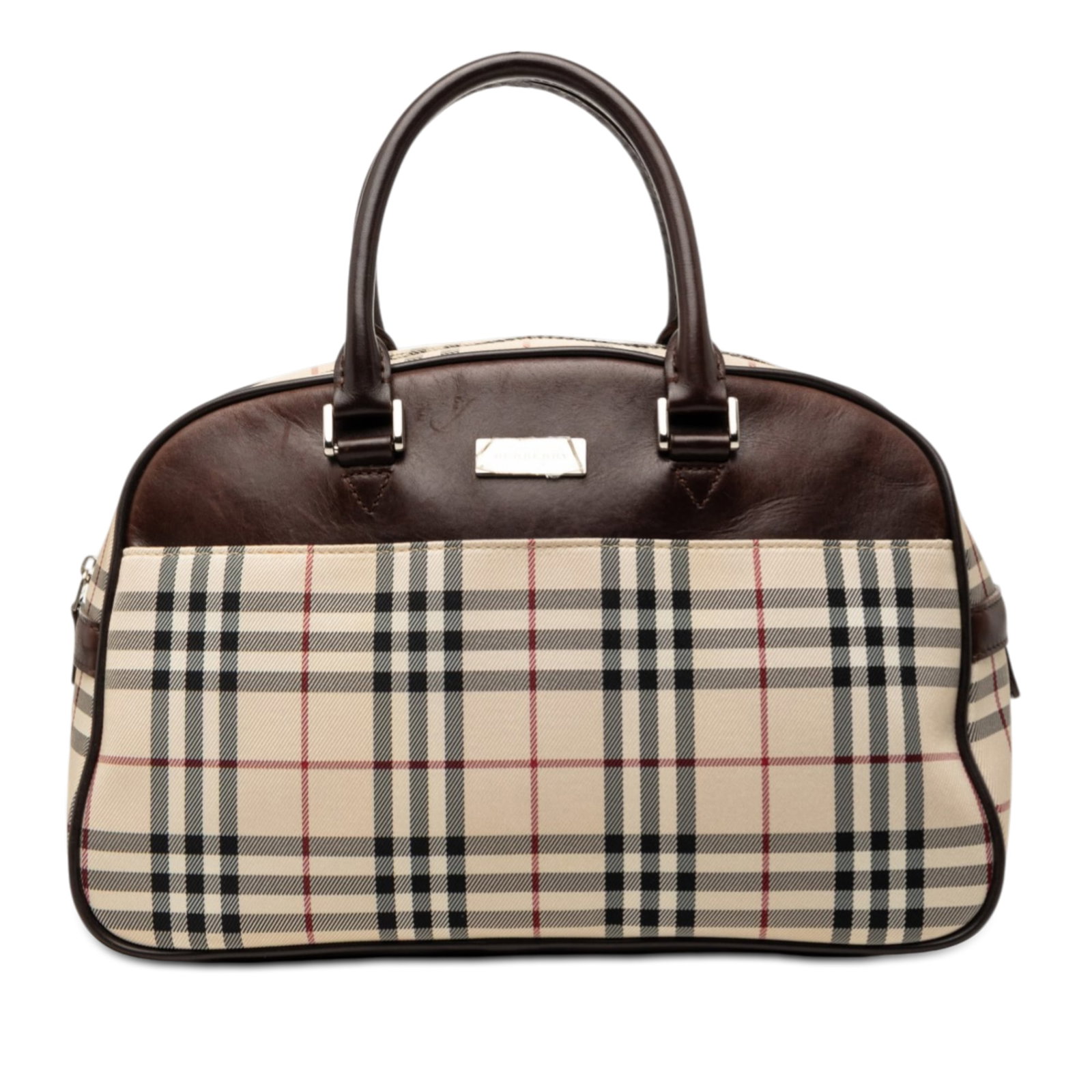 Burberry Beige Canvas Tote with Leather Trim and House Check Pattern: Burberry Beige Canvas Tote with Leather Trim and House Check Pattern This Burberry House Check Canvas Handbag features a beige canvas body with leather trim, rolled leather handles, a top zip closure,