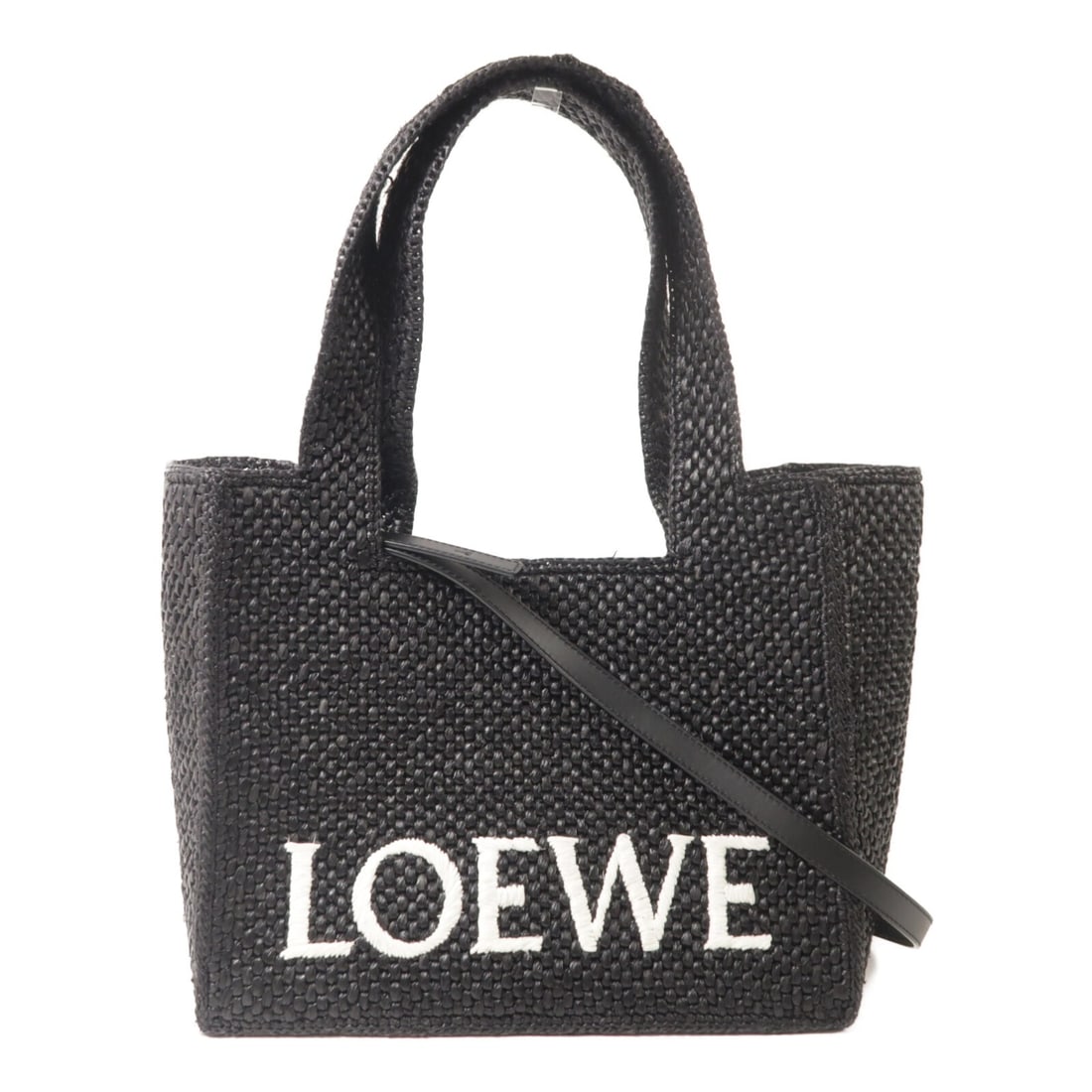 LOEWE Font Medium Raffia Black 2way Shoulder Bag GHW: LOEWE Font Medium Raffia Black 2way Shoulder Bag GHW This LOEWE 2-way shoulder bag features a medium-sized silhouette crafted from black raffia with a versatile design that allows it to be worn as eit