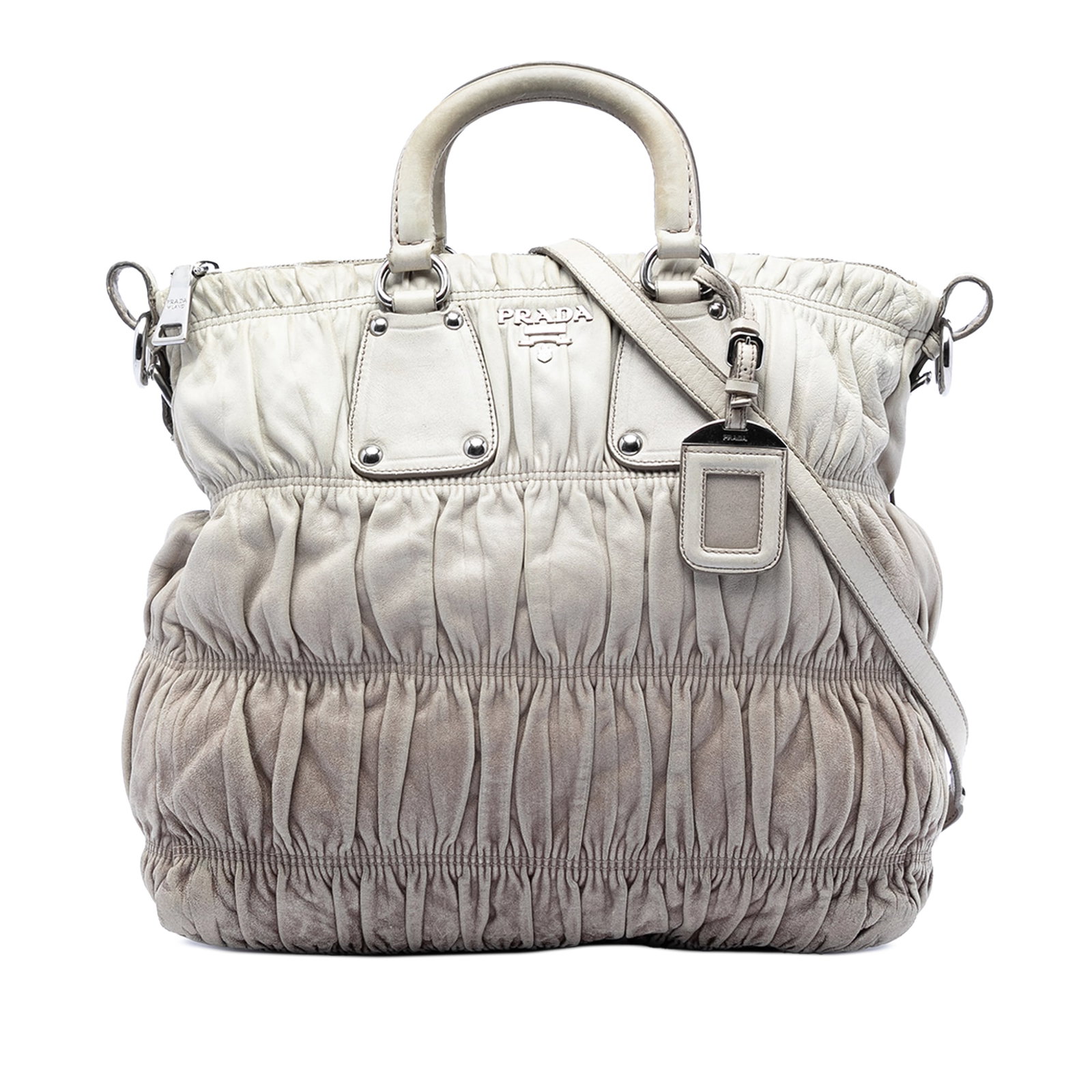 Prada Nappa Gaufre Ombre Leather Satchel with Detachable Strap: Prada Nappa Gaufre Ombre Leather Satchel with Detachable Strap This Prada Nappa Gaufre Ombre Satchel features a gathered leather body with flat leather handles, a detachable flat leather strap, a top 