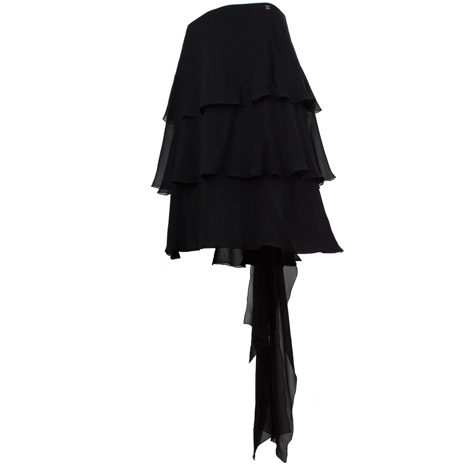 Chanel Black Silk Chiffon Ruffle Train Skirt 38 with CC Logo: Chanel Black Silk Chiffon Ruffle Train Skirt 38 with CC Logo Elevate your wardrobe with this exquisite Chanel Black Chiffon Ruffle Train Skirt, size 38. Crafted from luxurious double-lined silk chiffo