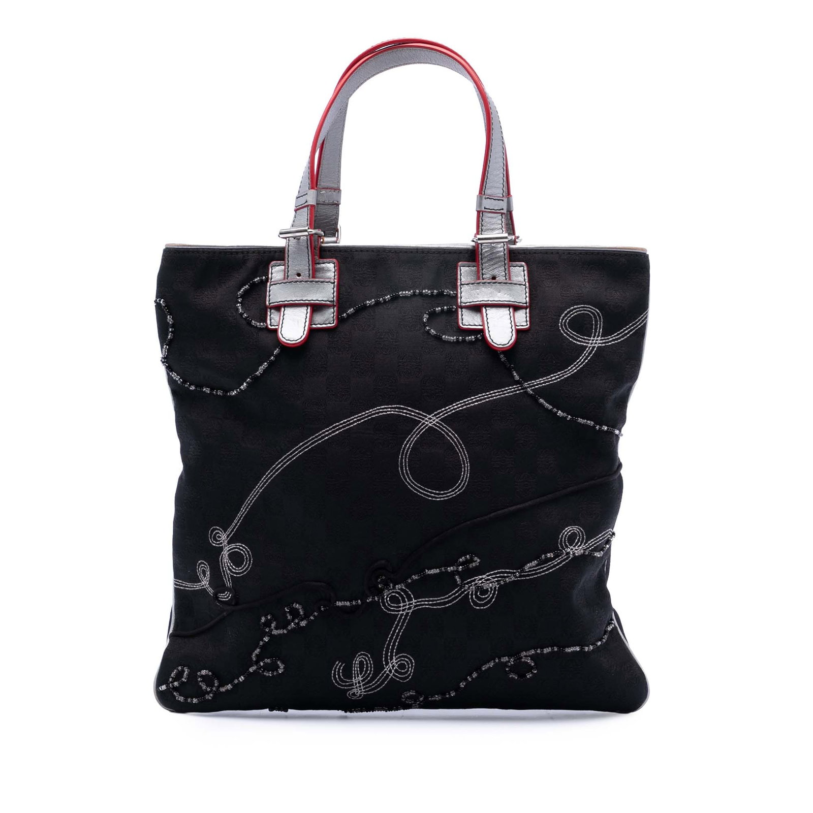 Loewe Tote Bag with Beaded Jacquard and Leather Trim: Loewe Tote Bag with Beaded Jacquard and Leather Trim This LOEWE Anagram Beaded Jacquard Tote features a bead-embellished jacquard fabric body with leather trim and flat leather handles. The bag is des
