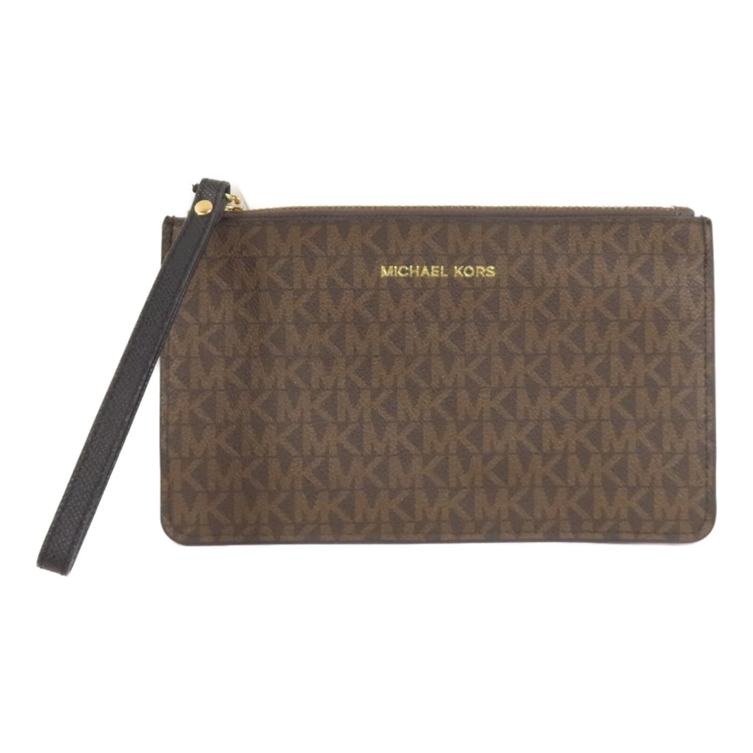 Michael Kors Brown Coated Canvas Pouch Clutch with Handle: Michael Kors Brown Coated Canvas Pouch Clutch with Handle This Michael Kors pouch clutch features a brown PVC coated canvas exterior and a convenient handle. Designed for everyday use, it offers a com