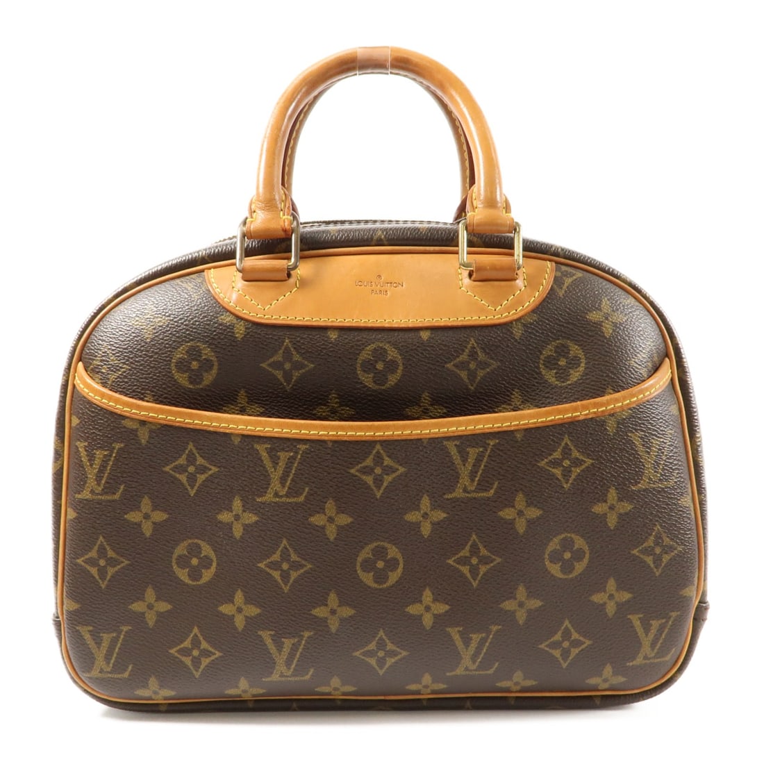 Louis Vuitton Deauville Monogram Canvas Handbag with Gold Hardware Brown: Louis Vuitton Deauville Monogram Canvas Handbag with Gold Hardware Brown This Louis Vuitton Deauville handbag features the iconic monogram brown PVC coated canvas exterior. Designed for women, it offe