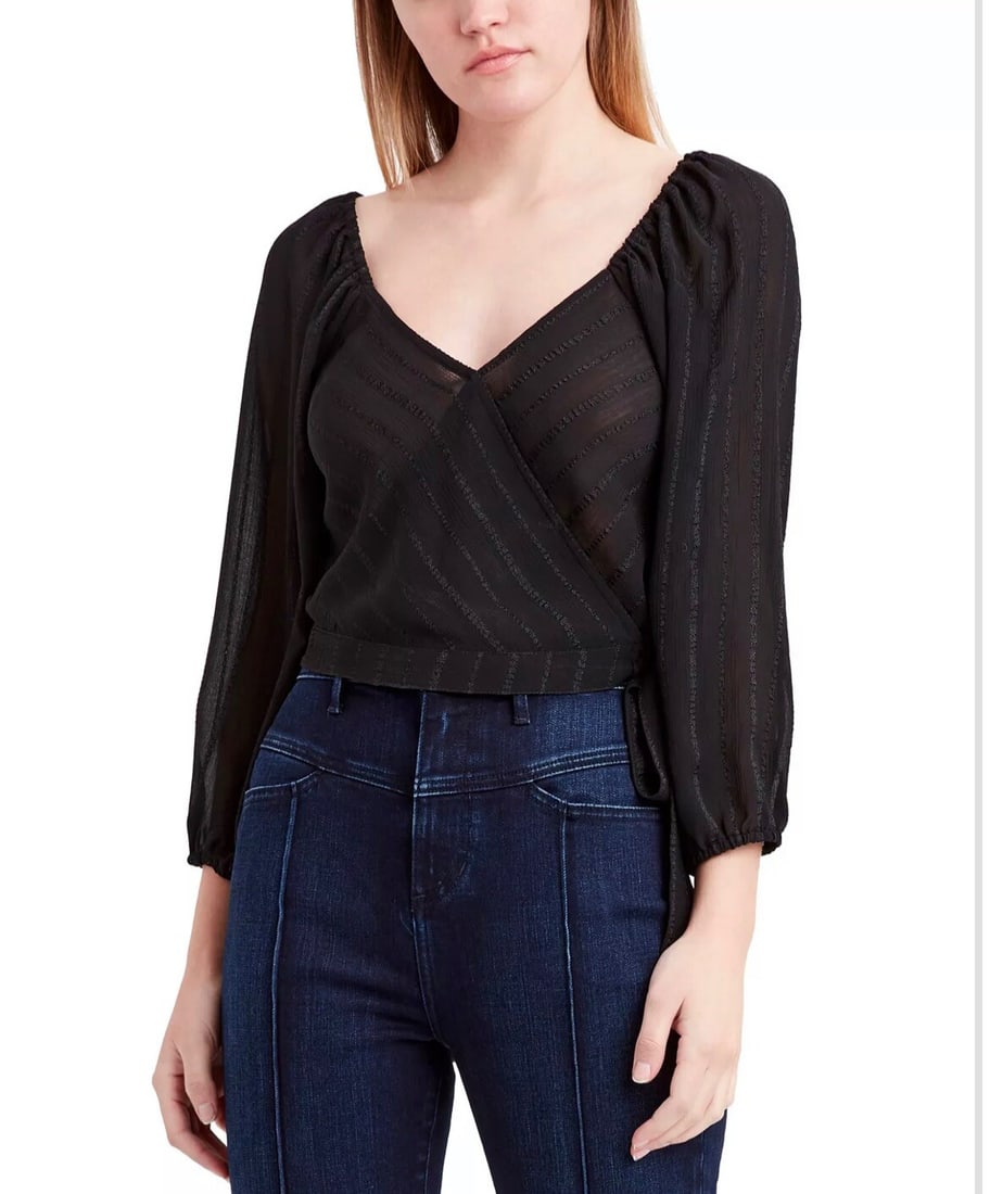 BCBGeneration Black Shadow-Striped Long Sleeve Cropped Wrap Top XXS (1 of 4)