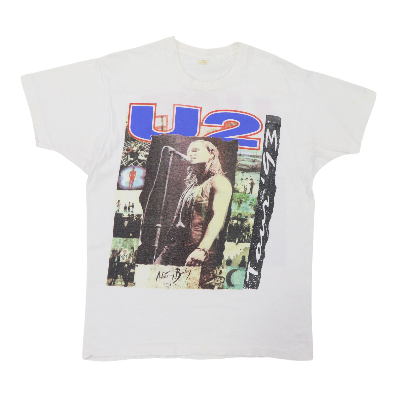 Vintage U2 1993 European Concert Tour White Graphic Cotton T-Shirt: Vintage U2 1993 European Concert Tour White Graphic Cotton T-Shirt This is an original vintage 1993 U2 European Tour shirt, featuring graphics on both the front and back. Made from 100% cotton, the sh