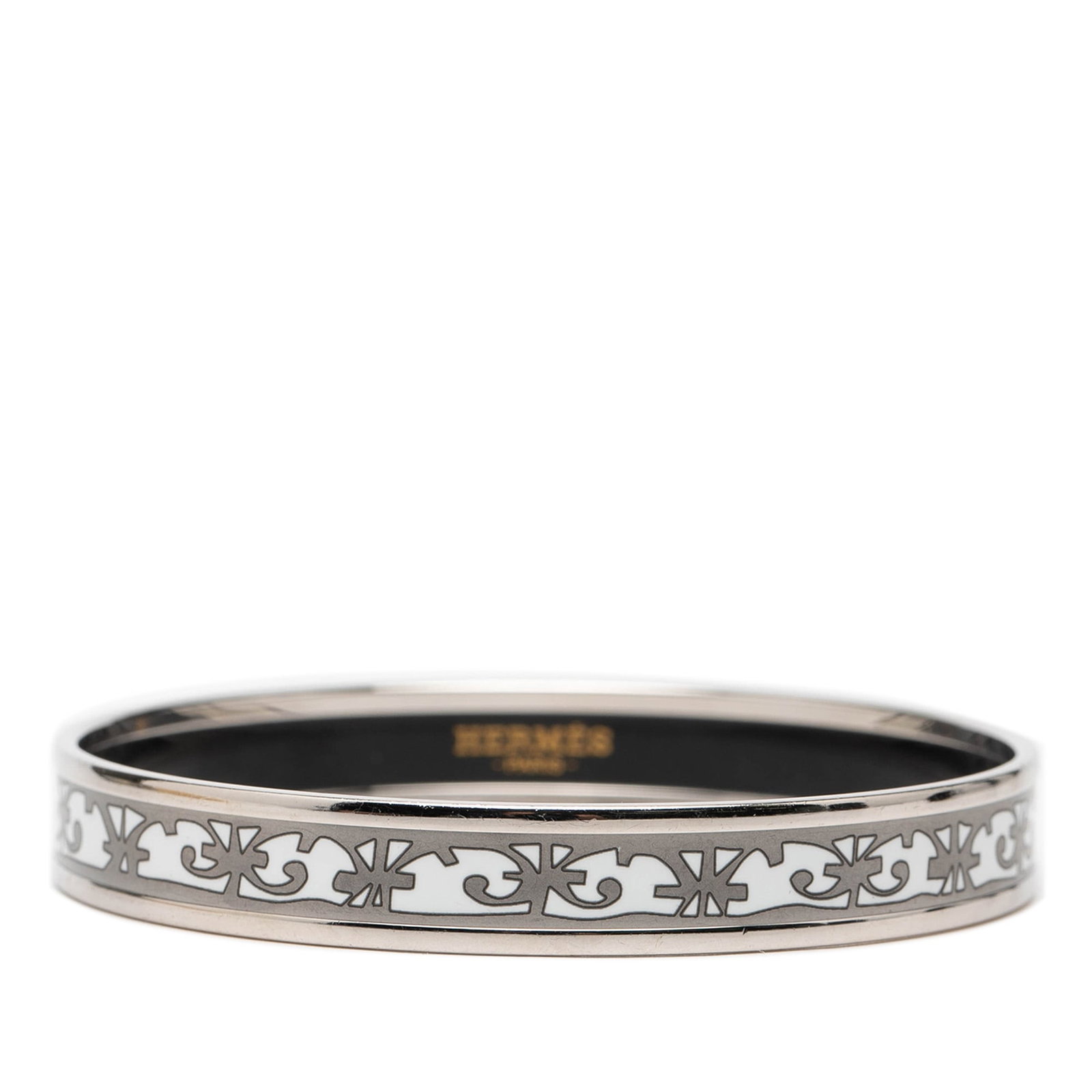 Hermes Balcons du Guadalquivir Gray Enamel Palladium Bangle Bracelet Size 65: Hermes Balcons du Guadalquivir Gray Enamel Palladium Bangle Bracelet Size 65 This bracelet features a printed enamel design with a palladium plated metal body. The Narrow Balcons du Guadalquivir Ename