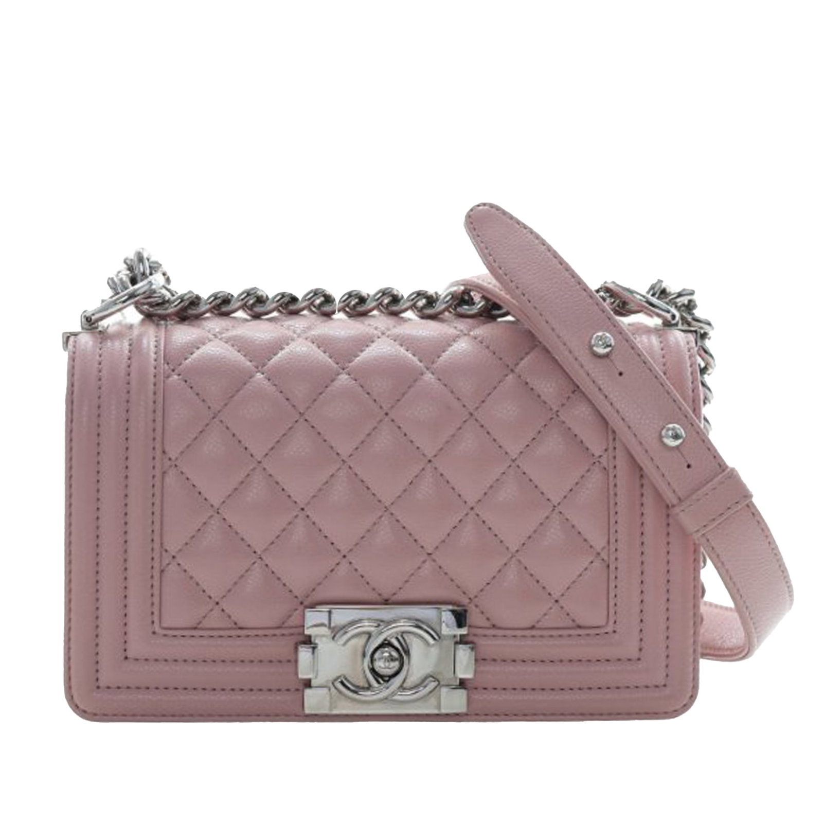 Pink Chanel Boy Small Crossbody Quilted Caviar Leather Bag: Pink Chanel Boy Small Crossbody Quilted Caviar Leather Bag This Chanel Small Quilted Caviar Boy Flap crossbody bag features a quilted caviar leather body in pink, complemented by a silver-tone curb ch