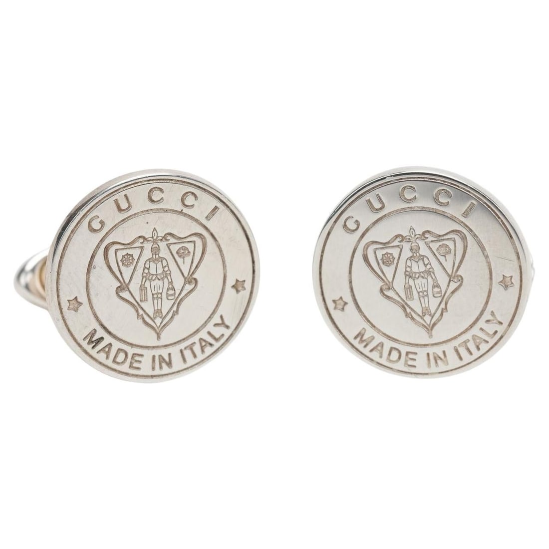 Gucci Sterling Silver Round Cufflinks with Crest Design: Gucci Sterling Silver Round Cufflinks with Crest Design Elevate your formal attire with these exquisite Gucci round cufflinks crafted from sterling silver. Featuring a sophisticated center crest desig