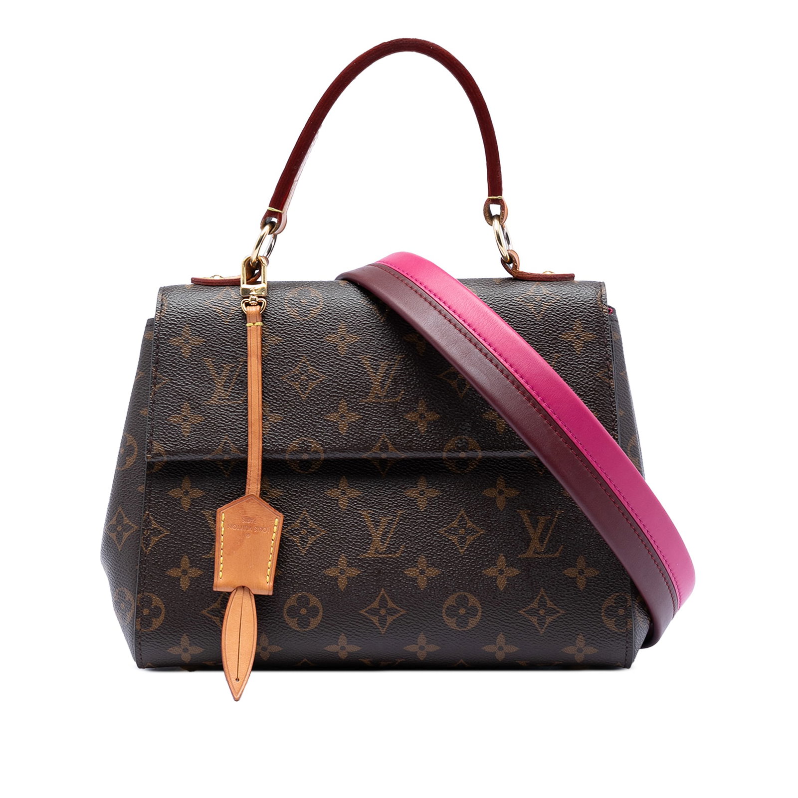 Louis Vuitton Cluny BB Brown Monogram Canvas Top Handle Bag: Louis Vuitton Cluny BB Brown Monogram Canvas Top Handle Bag The Louis Vuitton Monogram Cluny BB features a monogram canvas exterior with a flat vachetta leather top handle and a detachable flat leathe