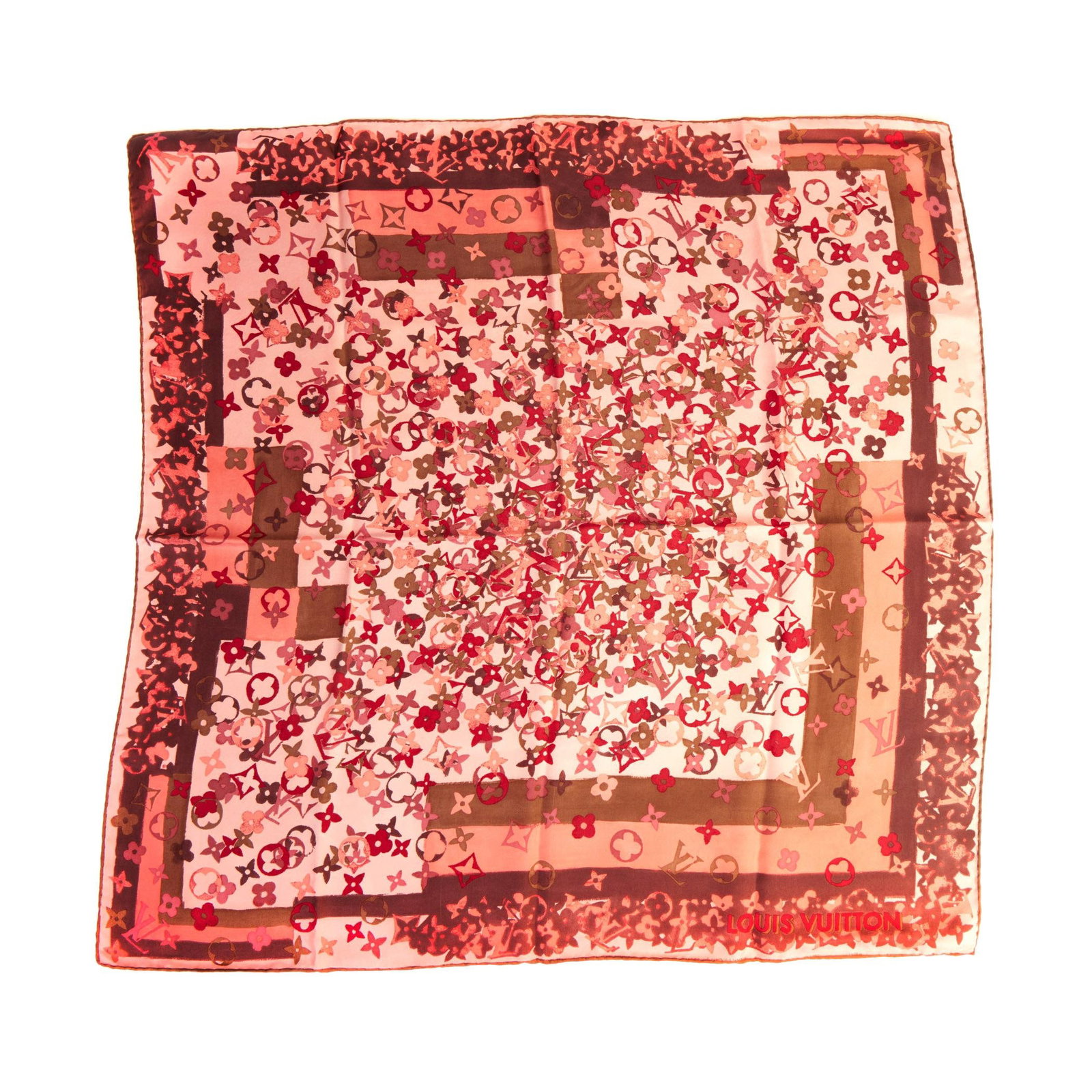 Louis Vuitton Pink Brown Floral Silk Scarf 26x26 Inches: Louis Vuitton Pink Brown Floral Silk Scarf 26x26 Inches Elevate your accessory collection with this exquisite Louis Vuitton small silk scarf. Featuring a stunning floral design in shades of pink and b