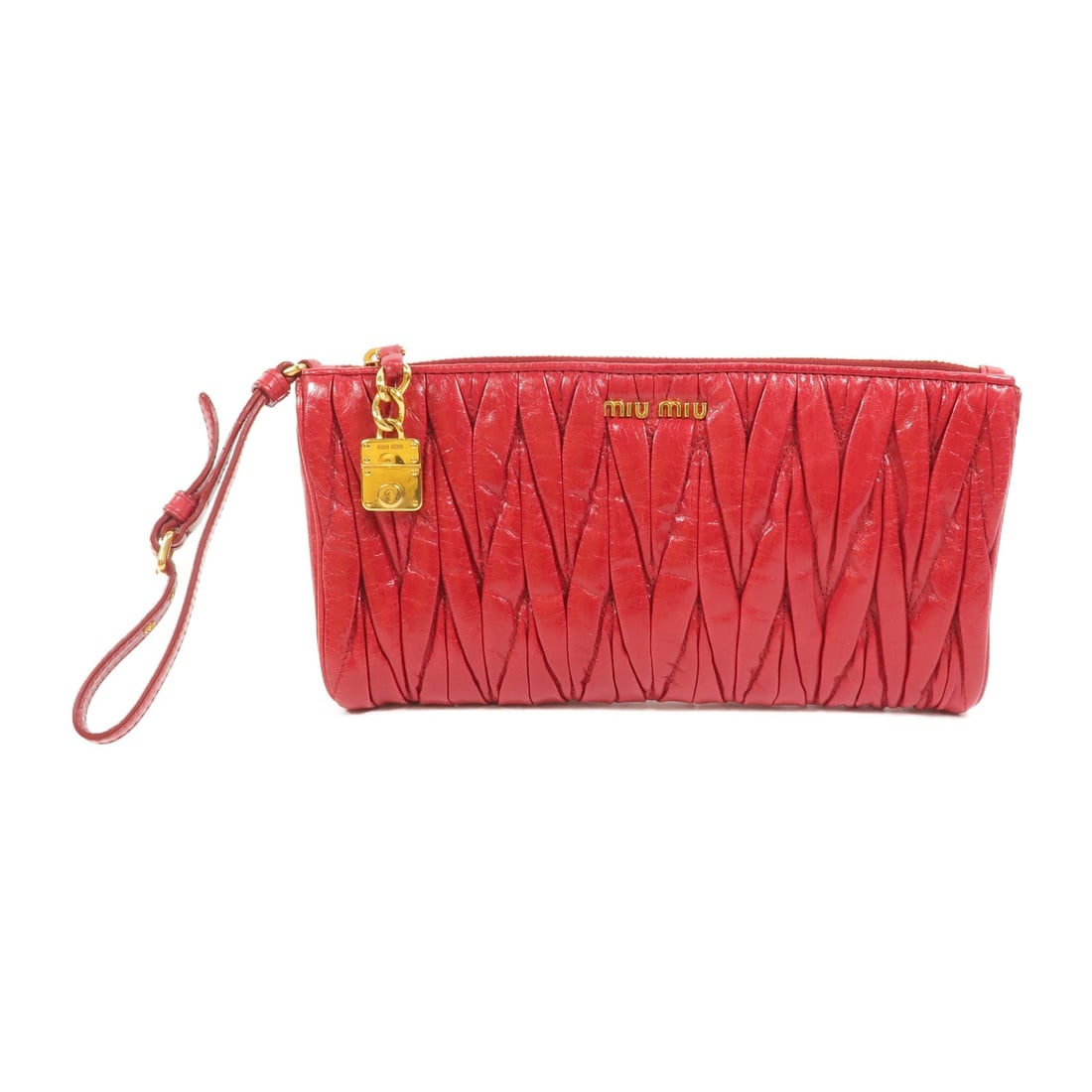 Miu Miu Red Calfskin Pouch with GHW 5NE455: Miu Miu Red Calfskin Pouch with GHW 5NE455 This Miu Miu pouch is crafted from red calfskin leather and features gold-tone hardware. Designed for women, it offers a compact and stylish way to carry ess