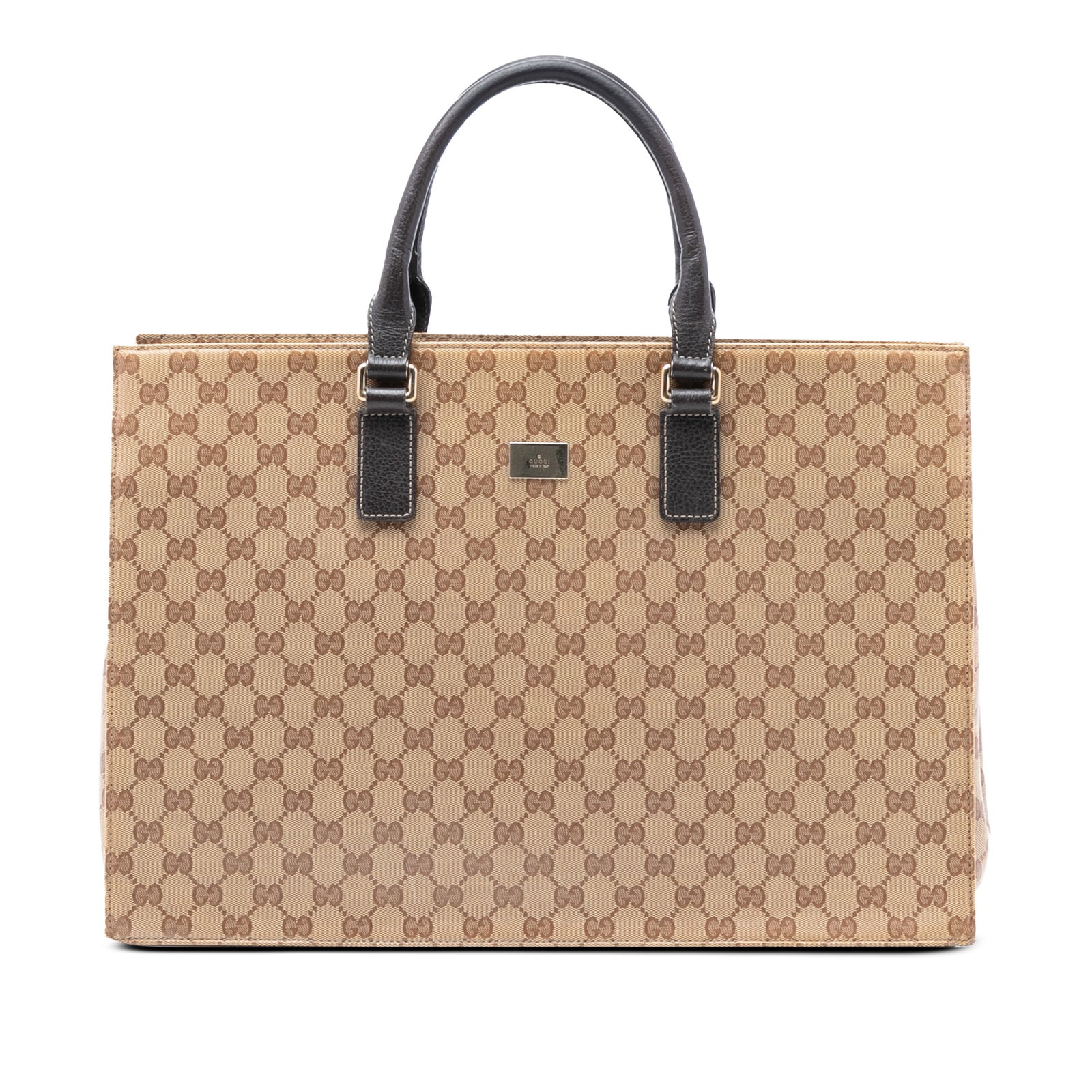 Beige GG Crystal Coated Canvas Business Tote with Leather Trim by Gucci: Beige GG Crystal Coated Canvas Business Tote with Leather Trim by Gucci This Gucci GG Crystal Business Bag features a coated canvas exterior with leather trim, rolled leather handles, a top zip closur