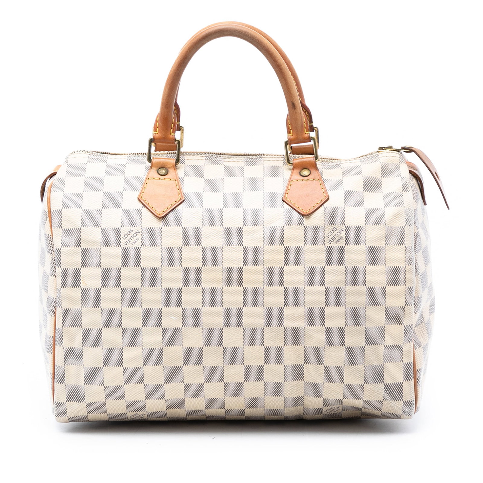 Louis Vuitton Speedy 30 Handbag in Damier Azur Canvas with Vachetta Trim: Louis Vuitton Speedy 30 Handbag in Damier Azur Canvas with Vachetta Trim This Louis Vuitton Speedy 30 features the iconic Damier Azur canvas with vachetta leather trim and rolled vachetta leather hand