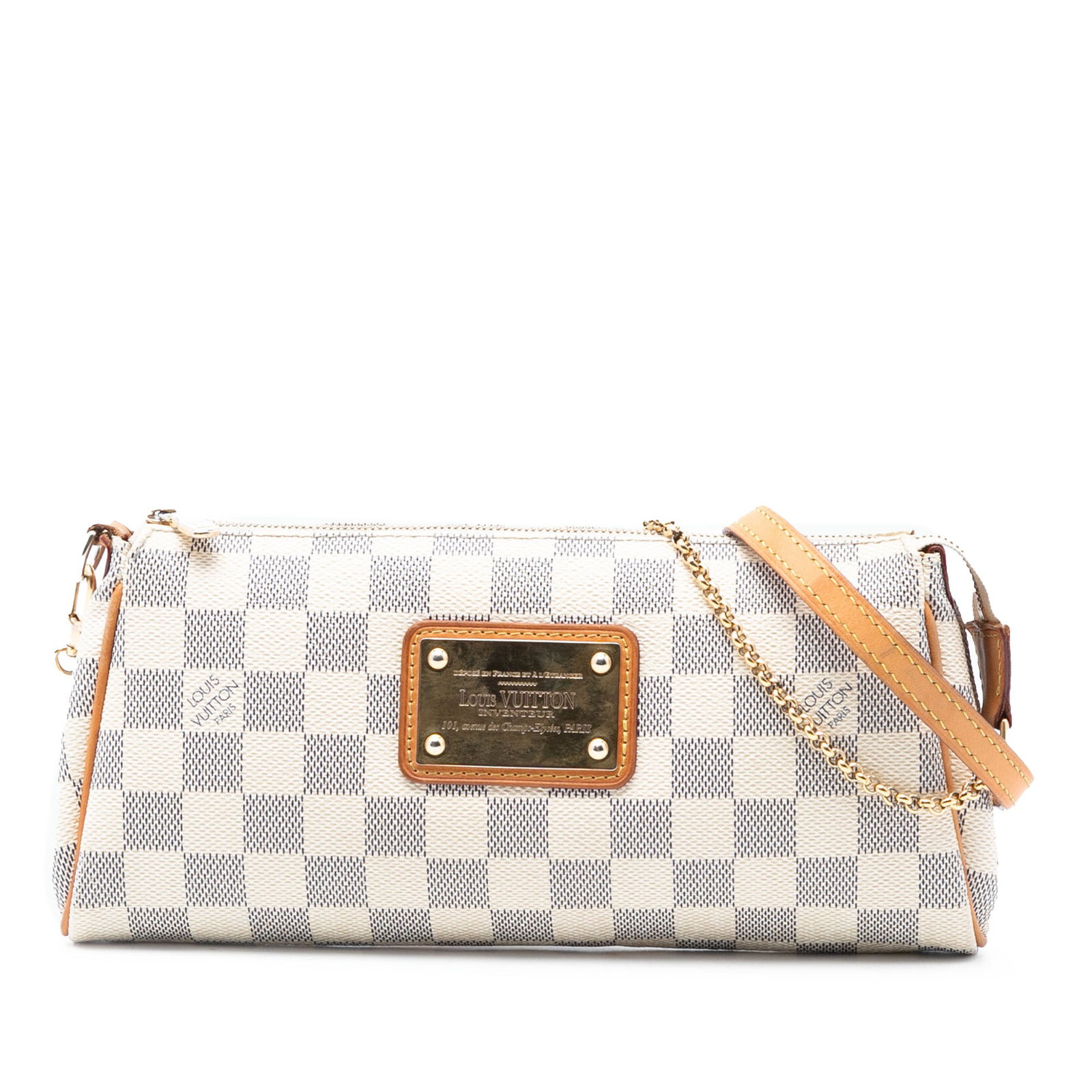 Louis Vuitton Eva Bag Damier Azur Canvas With Detachable Chain Strap: Louis Vuitton Eva Bag Damier Azur Canvas With Detachable Chain Strap The Louis Vuitton Damier Azur Eva bag features a damier canvas body in a white colorway, complemented by a detachable chain handle 