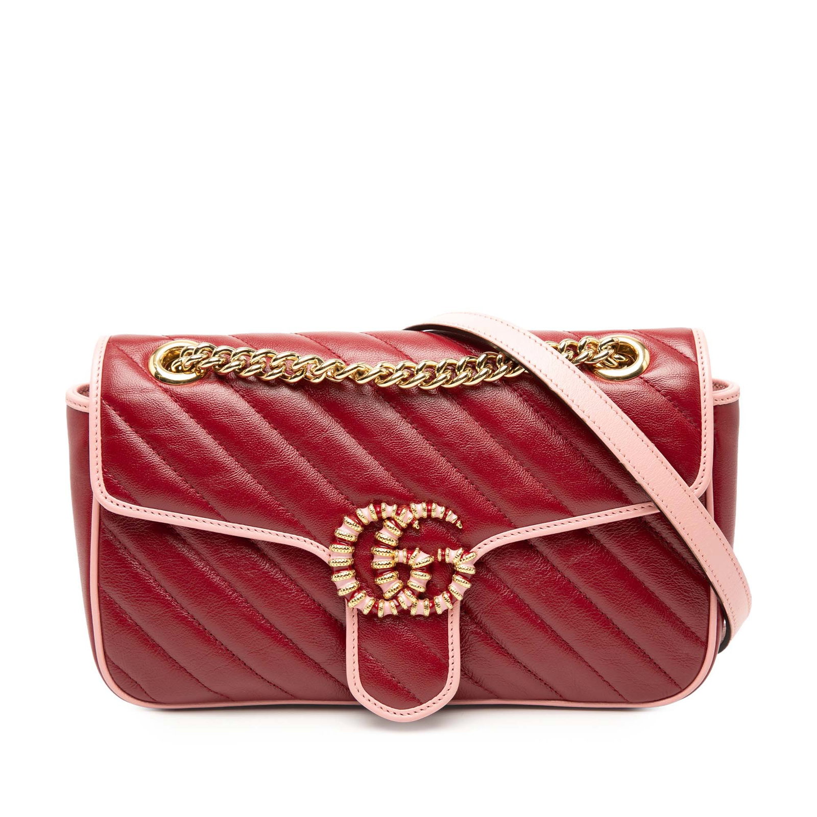 Gucci GG Marmont Medium Red Matelasse Leather Torchon Chain Shoulder Bag: Gucci GG Marmont Medium Red Matelasse Leather Torchon Chain Shoulder Bag This Gucci Medium GG Marmont Matelasse Diagonal Leather Torchon Shoulder Bag features a quilted leather body, a gold-tone curb 