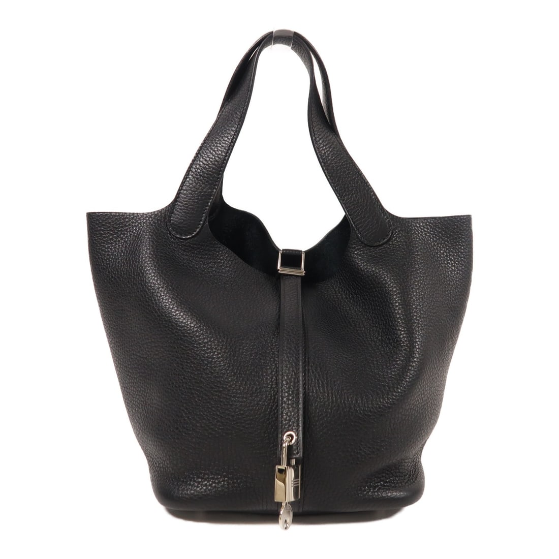 HERMES Picotin MM Tote Bag Black Clemence Leather: HERMES Picotin MM Tote Bag Black Clemence Leather This HERMES Picotin MM Tote Bag is crafted from luxurious calfskin leather in a timeless black color. Its structured silhouette offers a chic yet func